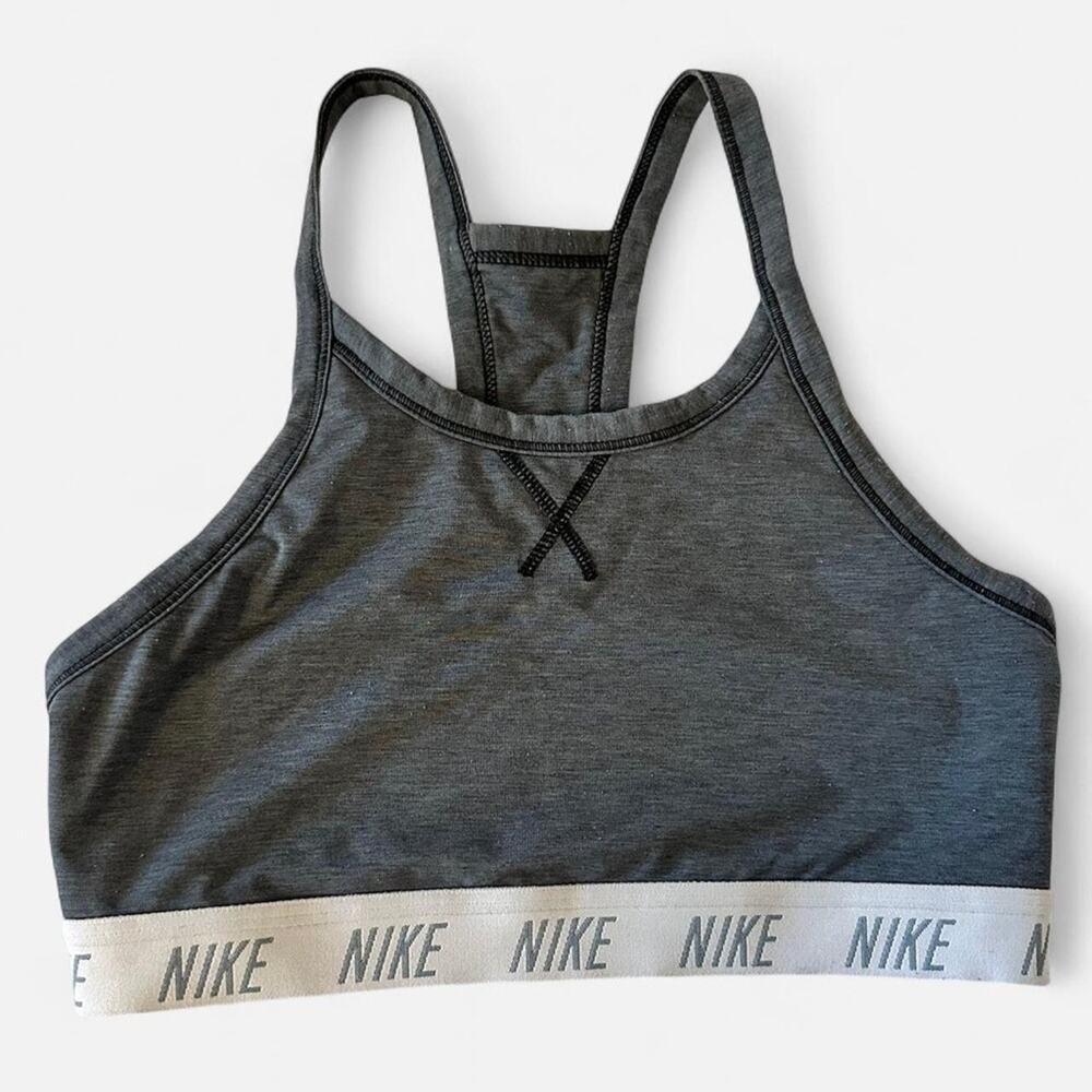 Nike Charcoal Grey Racerback Sports Bra with White Logo Band